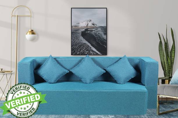 Little Smile Jute Fabric 78x36x14 Inches with 3 Cushion Cover 3 Seater Double Foam Fold Out Sofa Cum Bed