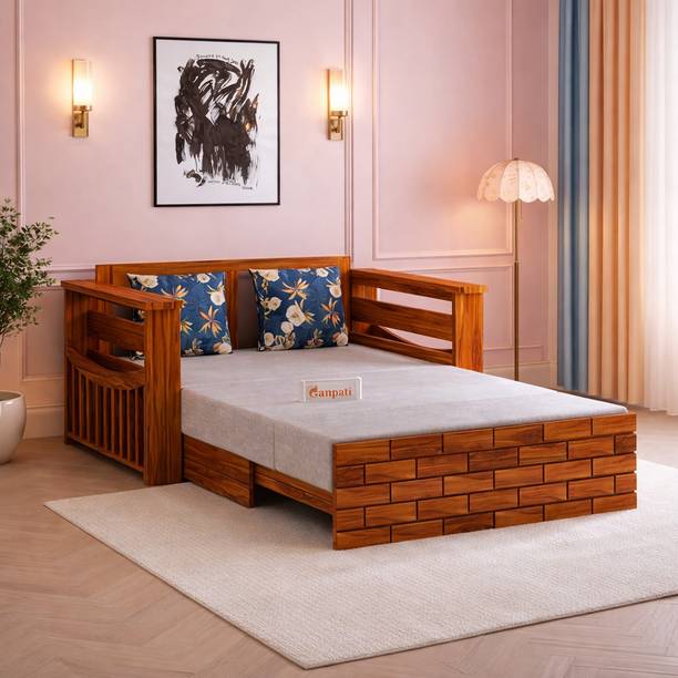 Ganpati Arts Italian Sheesham Wood Sofa Bed For Home with Mini Storage and Side Pockets | 2 Seater Double Solid Wood Pull Out Sofa Cum Bed
