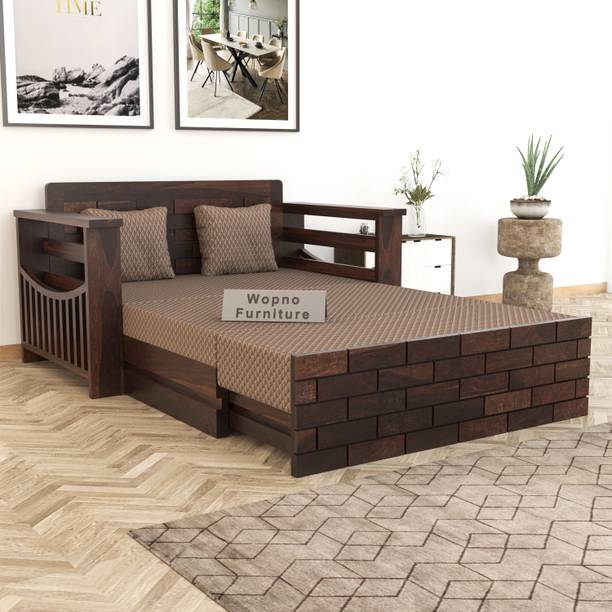 Wopno Furniture Sheesham Wooden with Mattresses for Home Living Room 2 Seater Double Solid Wood Pull Out Sofa Cum Bed