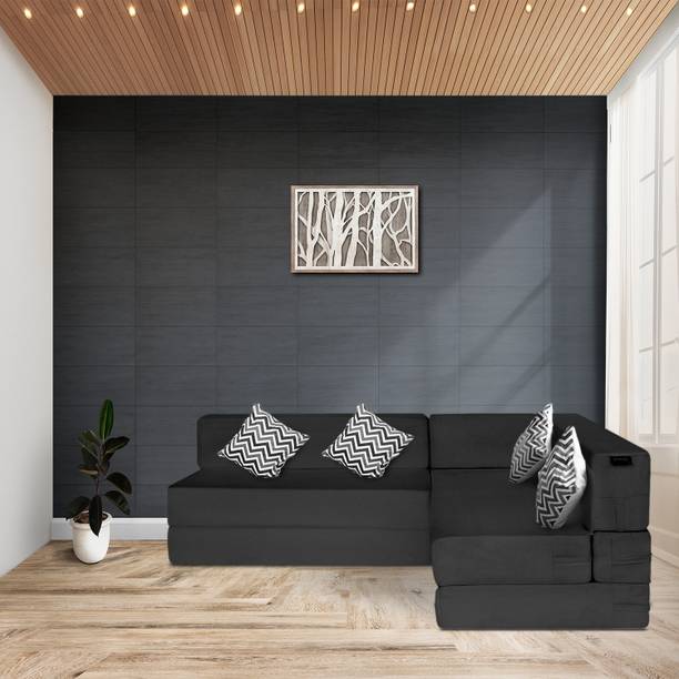 Fresh Up L-Shaped 78x60x16 inch- Jute Fabric 4 -Dark Grey 4 Seater Double Foam Fold Out Sofa Cum Bed