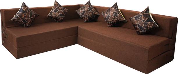 Little Smile L-Shaped 90x72x16 inch- Jute Fabric 5_brown 5 Seater Double Foam Fold Out Sofa Cum Bed