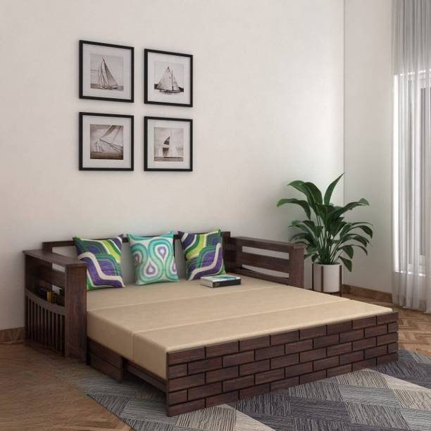 Divine Arts 3 Seater Sheesham Wood Sofa Cum Bed with Side Pocket for Living Room 3 Seater Double Solid Wood Pull Out Sofa Cum Bed