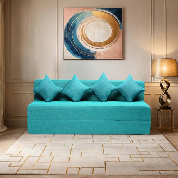 Comfort Mantra 4 Seater 6*6 Jute Fabric Washable Cover Sofa cum Bed with 4 Cushions 4 Seater Double Foam Fold Out Sofa Cum Bed