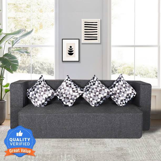 Seventh Heaven 78x36x14 inch Jute Fabric with 4 Cushions 4 Seater Single Foam Pull Out Sofa Cum Bed