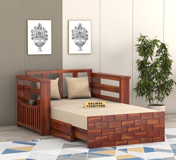 Roliwal Sheesham Wooden 2 Seater Sofa Cums Bed with Mattresses for Home Living Room 2 Seater Single Solid Wood Pull Out Sofa Cum Bed