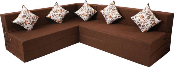 Little Smile L-Shaped 90x72x16 inch- Jute Fabric 5 -Brown 5 Seater Double Foam Fold Out Sofa Cum Bed