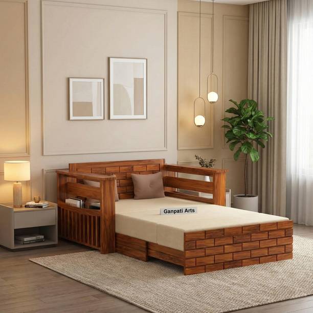 Ganpati Arts Sheesham Wood Italian 2 Seater Sofa Cum Bed with Headboard and Mini Storage 2 Seater Single Solid Wood Pull Out Sofa Cum Bed