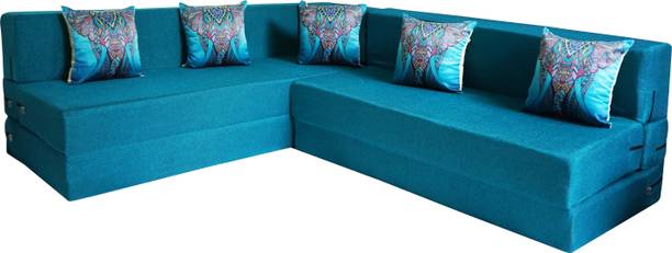 Little Smile L-Shaped 90x72x16 inch- Jute Fabric 5 -sblu 5 Seater Double Foam Fold Out Sofa Cum Bed