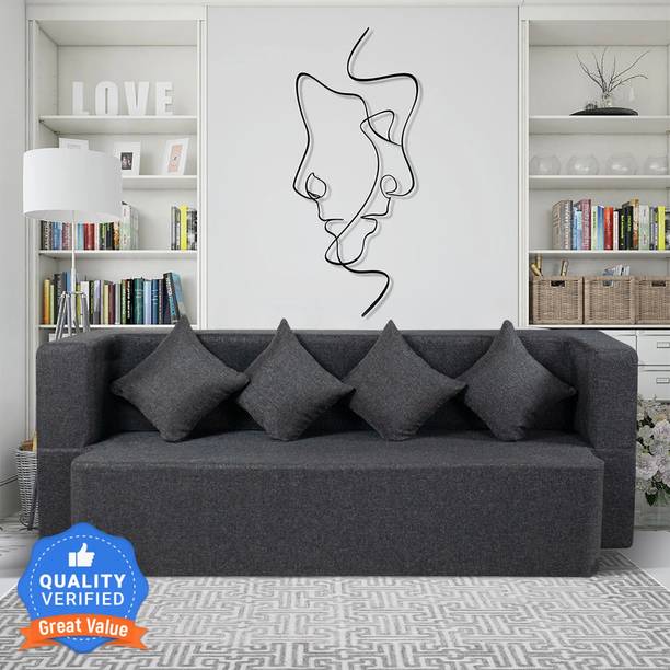 Seventh Heaven 4 Seater Sofa cum Bed 78x44x14 inch Jute Fabric with 4 Cushions 4 Seater Double Foam Fold Out Sofa Cum Bed