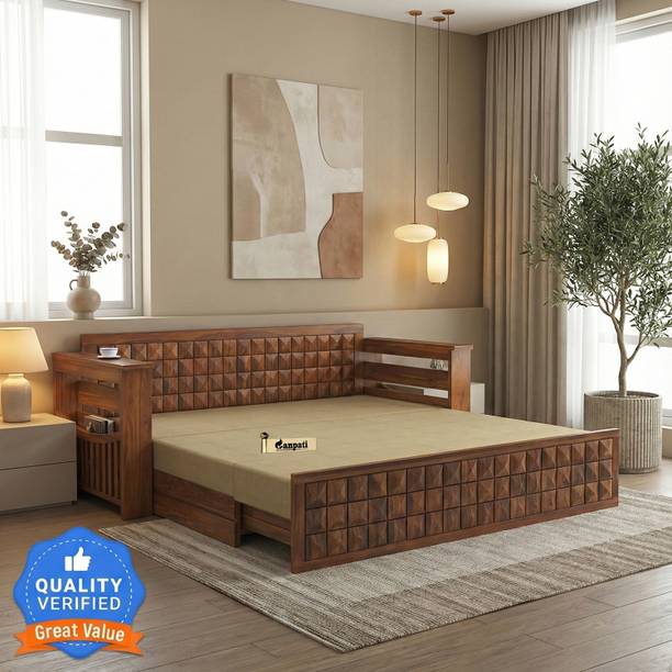 Ganpati Arts Sheesham Wood Daimond with Side Pocket for Bedroom/Home 3 Seater Double Solid Wood Pull Out Sofa Cum Bed