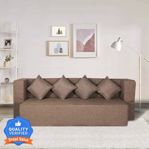 Seventh Heaven 78x36x14 inch Jute Fabric with 4 Cushions 4 Seater Single Foam Fold Out Sofa Cum Bed