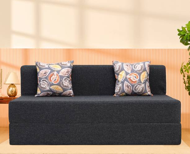 Uberlyfe 5 x 6 Ft Premium Jute -Sofa Cum Bed with 2 Cushions(Fallen Leaves Pattern) 3 Seater Double Foam Fold Out Sofa Cum Bed