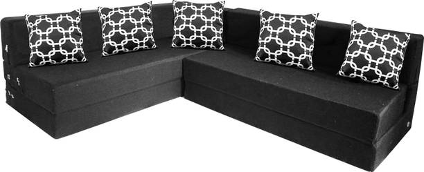 Little Smile L-Shaped 78x60x16 inch- Jute Fabric 4-black 4 Seater Double Foam Fold Out Sofa Cum Bed