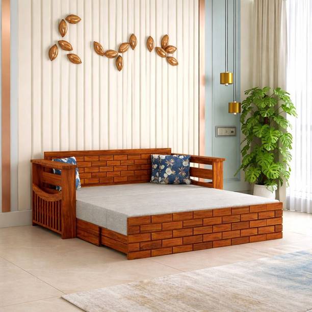 Ganpati Arts Sheesham Wood Italian 3 Seater with Headboard and Mini Storage 3 Seater Double Solid Wood Pull Out Sofa Cum Bed