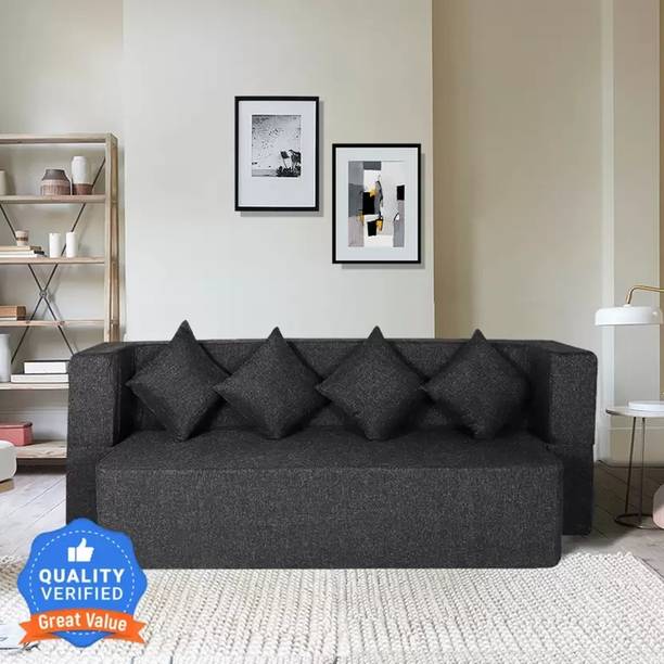 Seventh Heaven 78x36x14 inch Jute Fabric with 4 Cushions 4 Seater Single Foam Fold Out Sofa Cum Bed