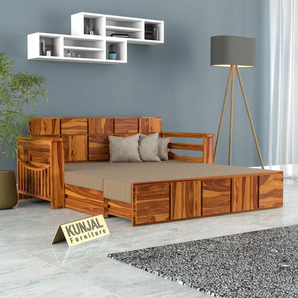 Kunjal Furniture Solid Wood Box Style Pull Out Sofa Cum Bed With Side Pocket Storage Guest Room | 3 Seater Double Solid Wood Pull Out Sofa Cum Bed
