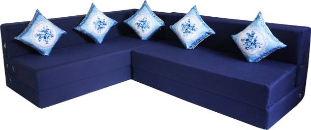 Little Smile L-Shaped 78x60x16 inch- Jute Fabric 4 -Blue 4 Seater Double Foam Fold Out Sofa Cum Bed