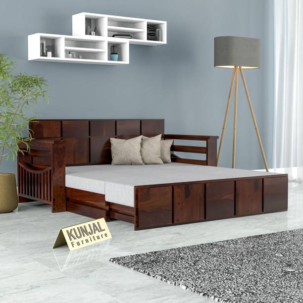 Kunjal Furniture Solid Wood Box Style Pull Out Sofa Cum Bed With Side Pocket Storage Guest Room | 3 Seater Double Solid Wood Pull Out Sofa Cum Bed