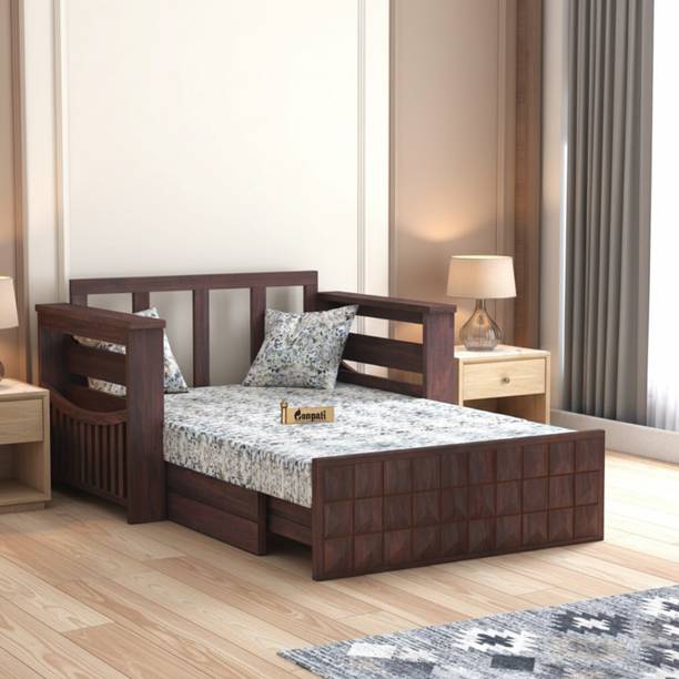 Ganpati Arts Sheesham Wood Diamond 2 Seater Sofa Cum Bed with Floral Fabric & Side Pocket 2 Seater Double Solid Wood Pull Out Sofa Cum Bed