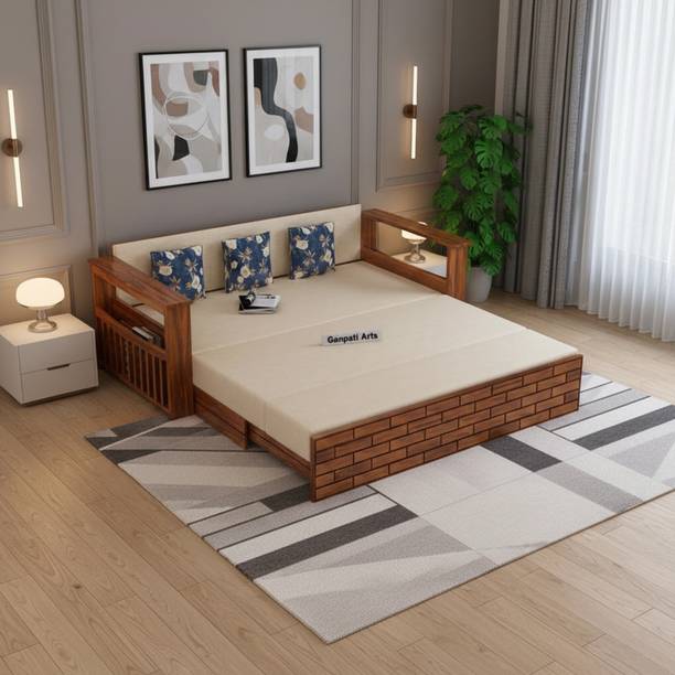 Ganpati Arts Sheesham Wood Italian 3 Seater Sofa Cum Bed with Headboard and Mini Storage 3 Seater Double Solid Wood Pull Out Sofa Cum Bed