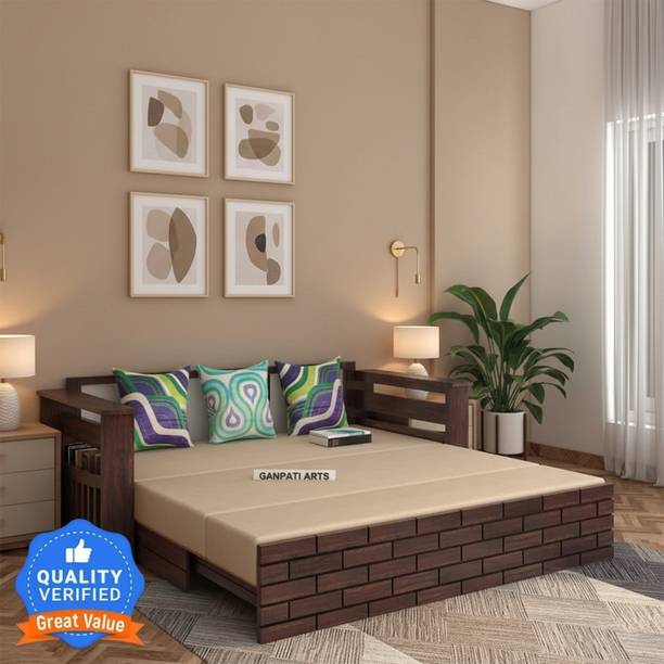 Ganpati Arts Sheesham Wood Italian with Headboard and Mini Storage 3 Seater Double Solid Wood Pull Out Sofa Cum Bed