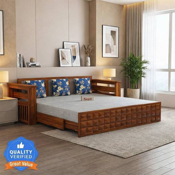 Ganpati Arts Sheesham Wood Oslo with Headboard & Mini Storage for Home 3 Seater Single Solid Wood Pull Out Sofa Cum Bed