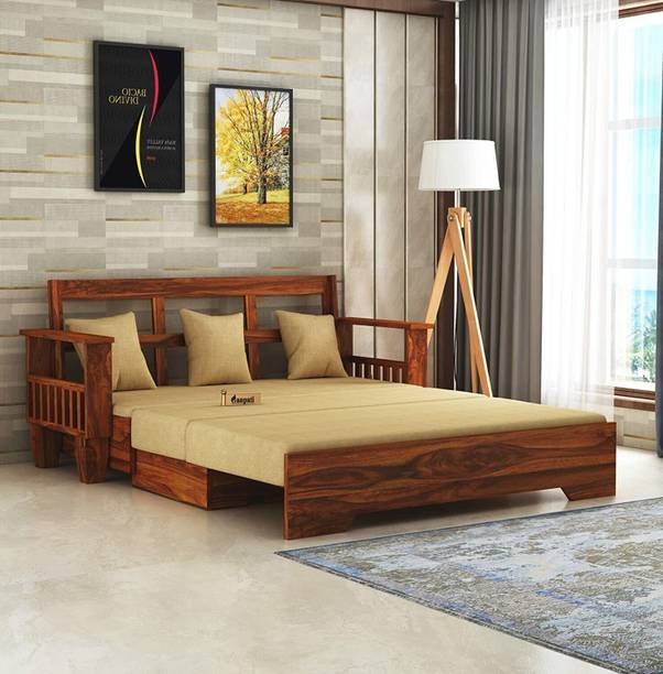 Ganpati Arts Sheesham Wood Jodhpur with Side Pocket for Bedroom /Home 3 Seater Double Solid Wood Pull Out Sofa Cum Bed