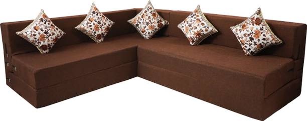 Little Smile L-Shaped 78x60x16 inch- Jute Fabric 4 -brown 4 Seater Double Foam Fold Out Sofa Cum Bed