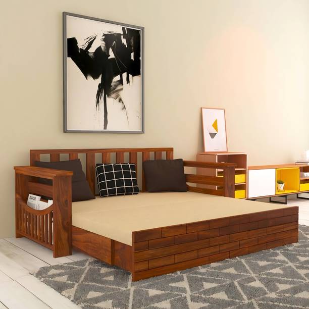 BAGARI ARTS Solid Sheesham Wood 3-Seater Sofa Cum Bed with Storage ( Without Pillow ) 3 Seater Double Solid Wood Pull Out Sofa Cum Bed