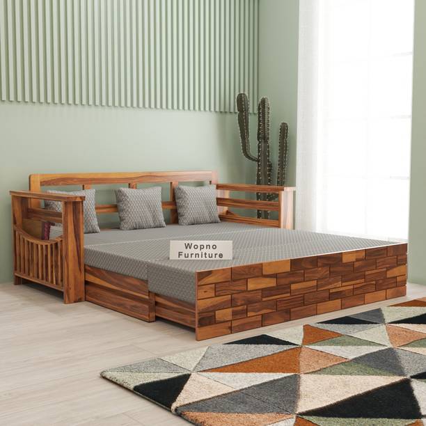 Wopno Furniture Sheesham Wooden 3 Seater Sofa Cums Bed with Mattresses for Home Living Room 3 Seater Double Solid Wood Pull Out Sofa Cum Bed
