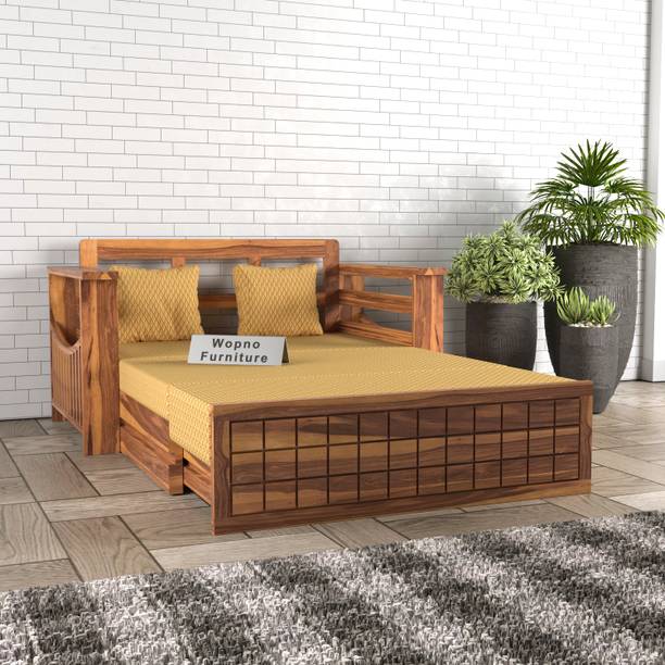 Wopno Furniture Sheesham Wooden 2 Seater Sofa Cums Bed with Mattresses for Home Living Room 2 Seater Double Solid Wood Pull Out Sofa Cum Bed