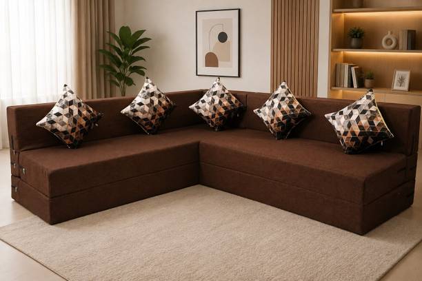 Little Smile L-Shape_90x72x16 inch - Jute Fabric -5 5 Seater Double Foam Fold Out Sofa Cum Bed