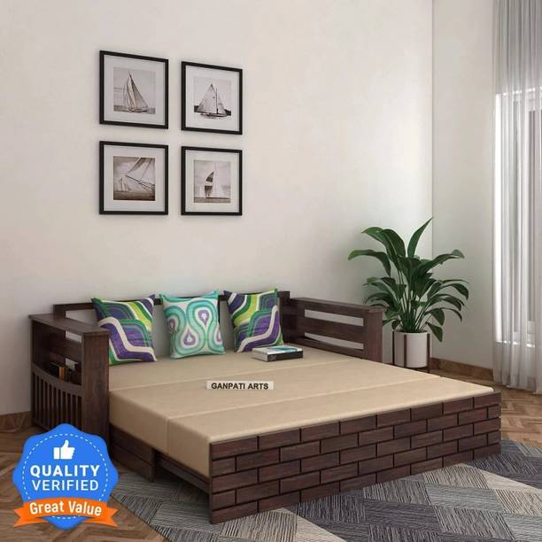 Ganpati Arts Sheesham Wood Italian with Headboard and Mini Storage 3 Seater Double Solid Wood Pull Out Sofa Cum Bed