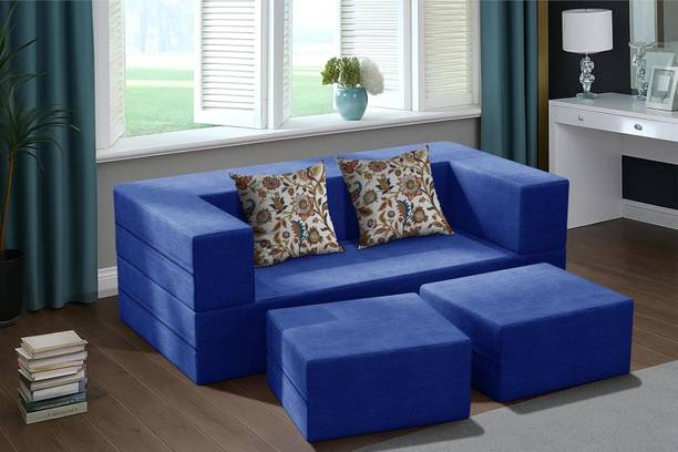 divisha homes C-Type Sofa Cum Bed | Jute Fabric with Washable Cover | 2 Seater with 2 Pouffe 2 Seater Single Foam Fold Out Sofa Cum Bed