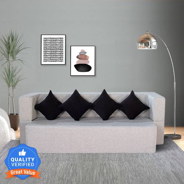 Seventh Heaven 4 Seater Sofa cum Bed 78x44x14 inch Jute Fabric with 4 Cushions 4 Seater Double Foam Pull Out Sofa Cum Bed