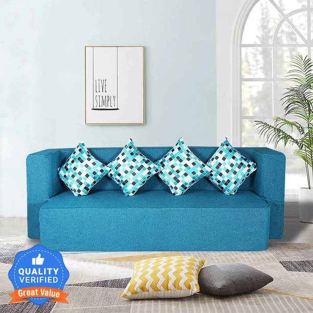 Seventh Heaven 4 Seater Sofa cum Bed 78x36x14 inch Jute Fabric with 4 Cushions 4 Seater Single Foam Pull Out Sofa Cum Bed