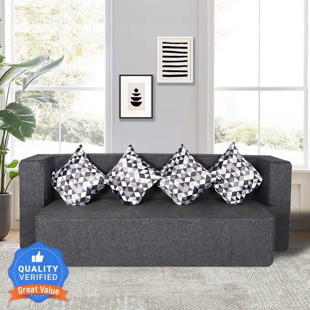 Seventh Heaven 78x36x14 inch Jute Fabric with 4 Cushions 4 Seater Single Foam Pull Out Sofa Cum Bed