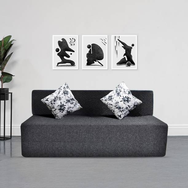 Fresh Up 3 Seater 5x6 feet Jute Fabric with 2 Printed Cushions 3 Seater Double Foam Fold Out Sofa Cum Bed