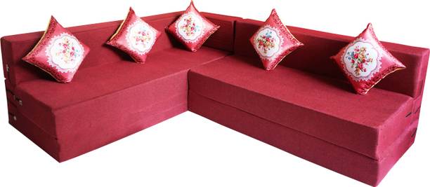 Little Smile L-Shaped 90x72x16 inch- Jute Fabric 5 -red 5 Seater Double Foam Fold Out Sofa Cum Bed