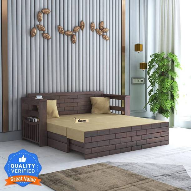 Ganpati Arts Sheesham Wood Jodhpur 3 Seater Sofa Cum Bed with Headboard and Mini Storage 3 Seater Double Solid Wood Pull Out Sofa Cum Bed