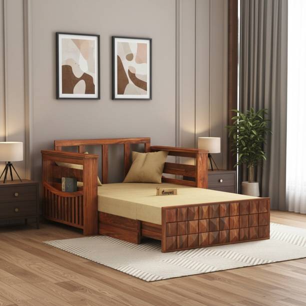 Ganpati Arts Sheesham Wood Oslo with Headboard & Mini Storage for Home 2 Seater Single Solid Wood Pull Out Sofa Cum Bed
