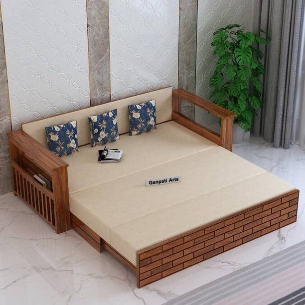 Ganpati Arts Sheesham Wood Italian 3 Seater Sofa Cum Bed with Headboard and Mini Storage 3 Seater Double Solid Wood Pull Out Sofa Cum Bed