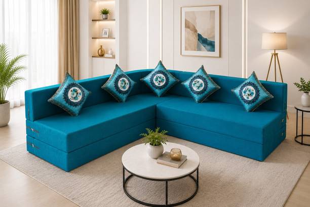 Little Smile L-Shaped 90x72x16 inch- Jute Fabric 5 -sblu 5 Seater Double Foam Fold Out Sofa Cum Bed