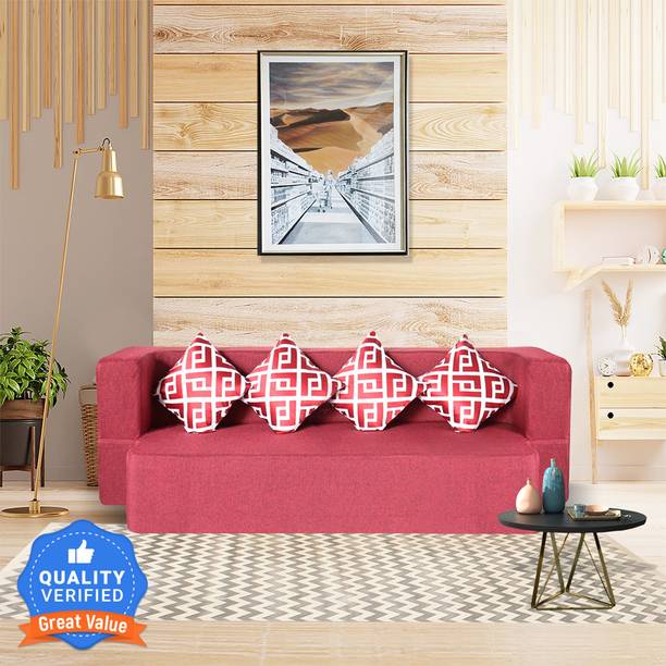 Seventh Heaven 4 Seater Sofa cum Bed 78x36x14 inch Jute Fabric with 4 Cushions 4 Seater Double Foam Pull Out Sofa Cum Bed