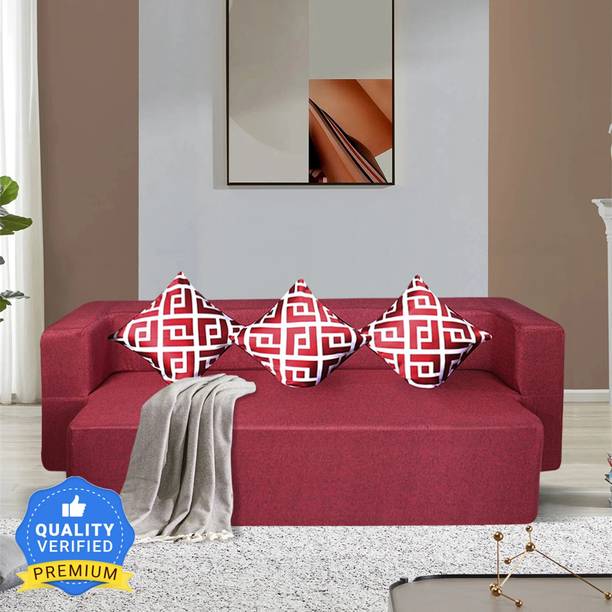 Seventh Heaven 72x36x14 inch Jute Fabric with 3 Cushions 3 Seater Single Foam Pull Out Sofa Cum Bed