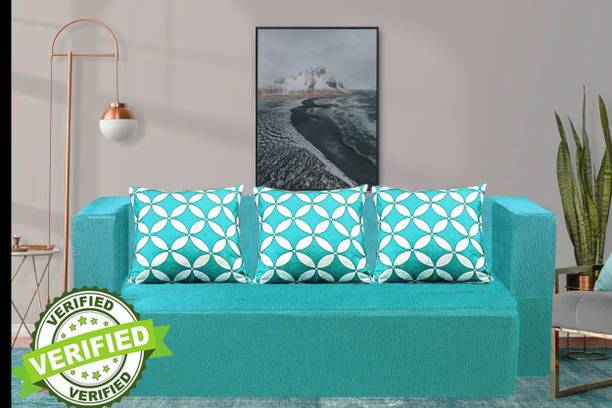 Little Smile Jute Fabric 72x36x14 Inches with 3 Cushion Cover 3 Seater Double Foam Fold Out Sofa Cum Bed