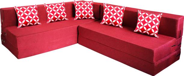 Little Smile L-Shaped 78x60x16 inch- Jute Fabric 4-red 4 Seater Double Foam Fold Out Sofa Cum Bed