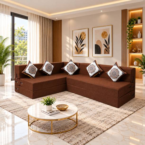 Little Smile L-Shaped 78x60x16 inch- Jute Fabric 4 -brown 4 Seater Double Foam Fold Out Sofa Cum Bed