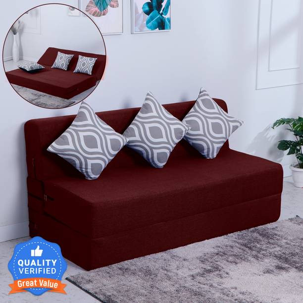 Flipkart Perfect Homes Jane 72x60x8 inch|Low Floor, Washable Jute Fabric with 3 Cushions 3 Seater Double Foam Fold Out Sofa Cum Bed