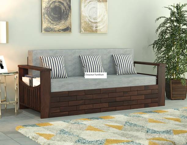 Douceur Furnitures Solid Sheesham Wood For Living Room / Hotel / Bed Room. 3 Seater Double Solid Wood Pull Out Sofa Cum Bed